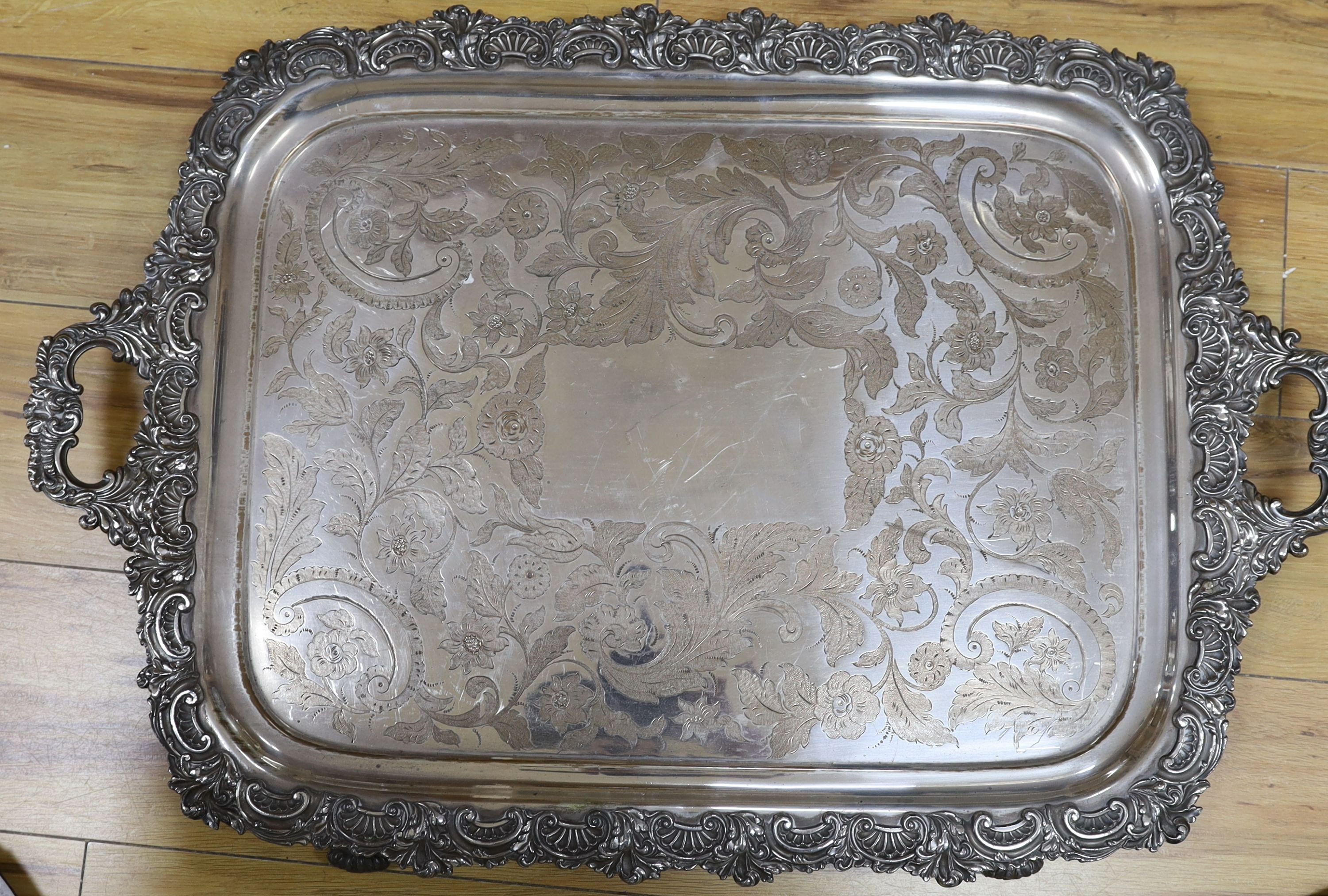 4 Victorian silver plated trays, Largest 77cm